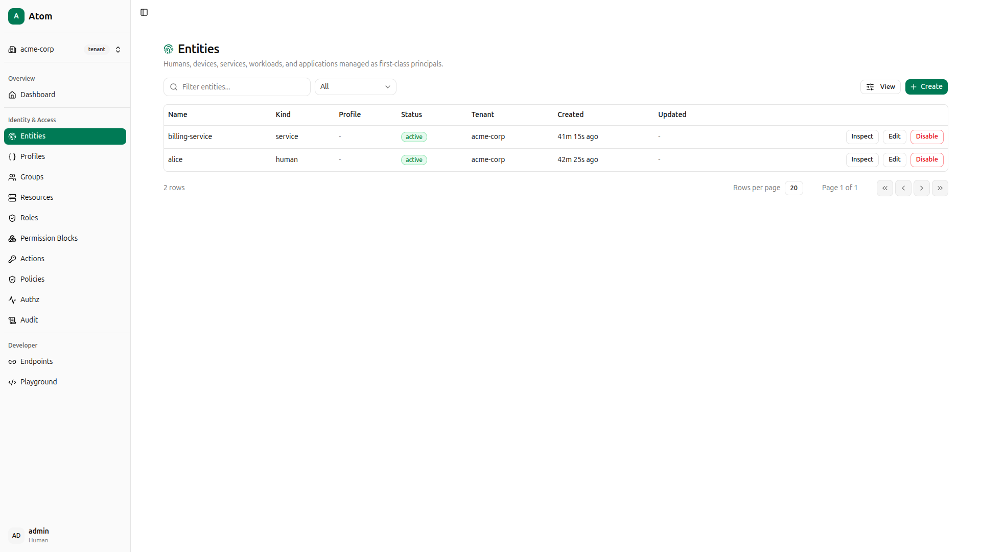 Entities list
