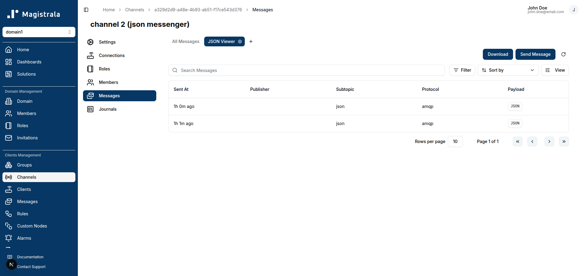 JSON-format Message View showing two saved messages with a Payload column